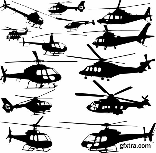 Collection vector silhouette picture grunge helicopter transport plane passenger car 25 Eps