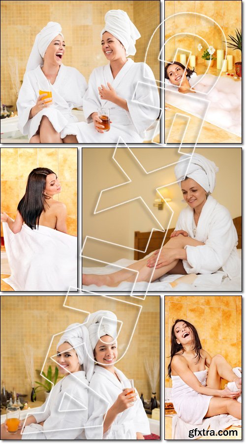 Spa day with best friend. Woman take bubble bath - Stock photo