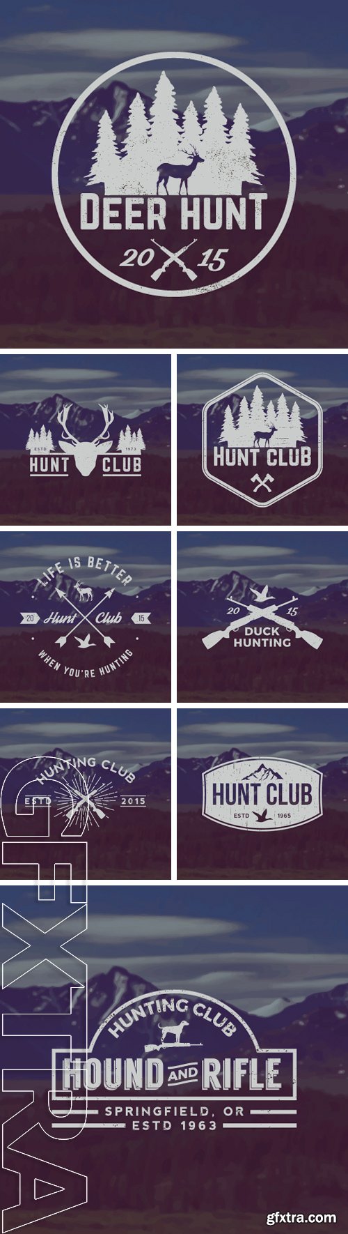 Stock Vectors - Vector hunting club emblem with grunge texture on mountain landscape background