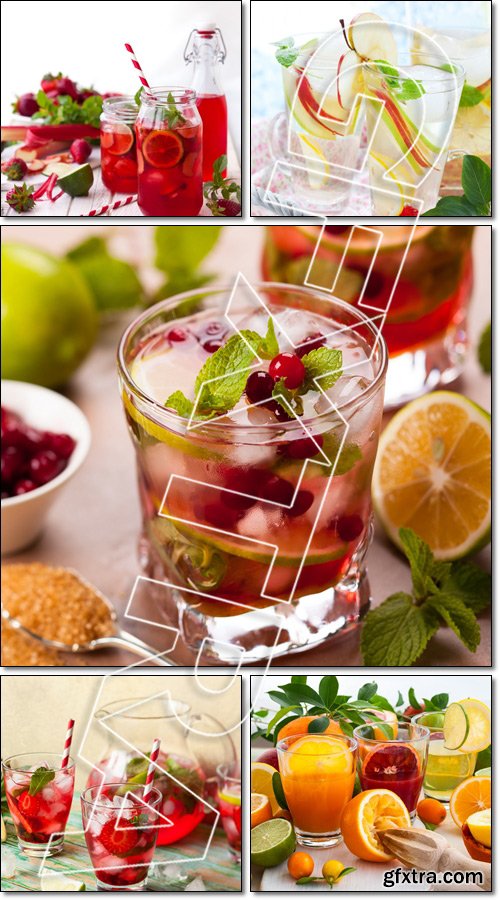 Strawberry, lime and rhubarb lemonade, cranberry mojito drink - Stock photo