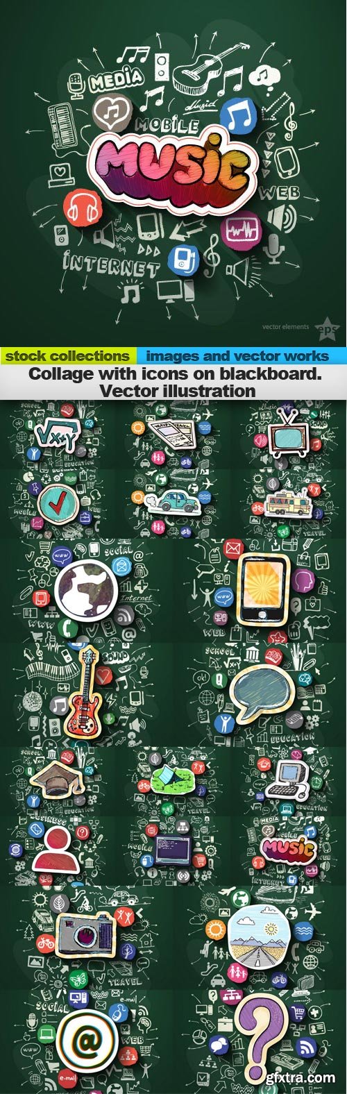 Collage with icons on blackboard. Vector illustration, 20 x EPS