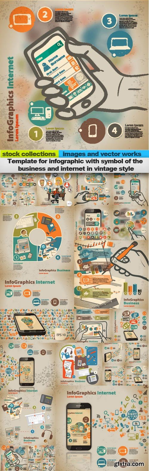 Template for infographic with symbol of the business and internet in vintage style, 15 x EPS