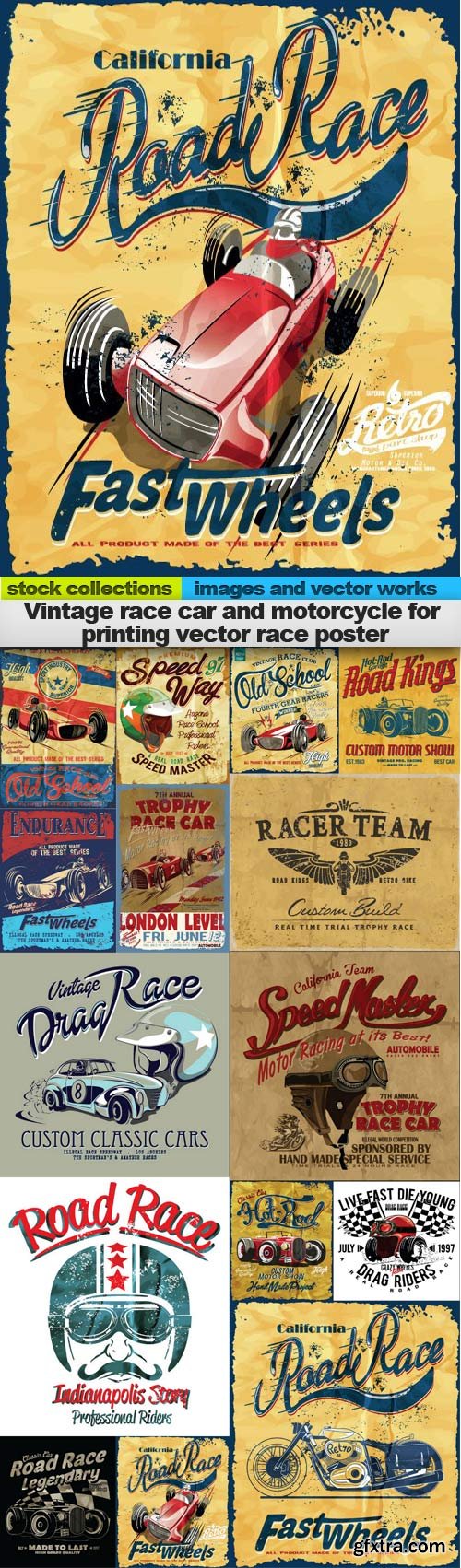 Vintage race car and motorcycle for printing vector race poster, 15 x EPS