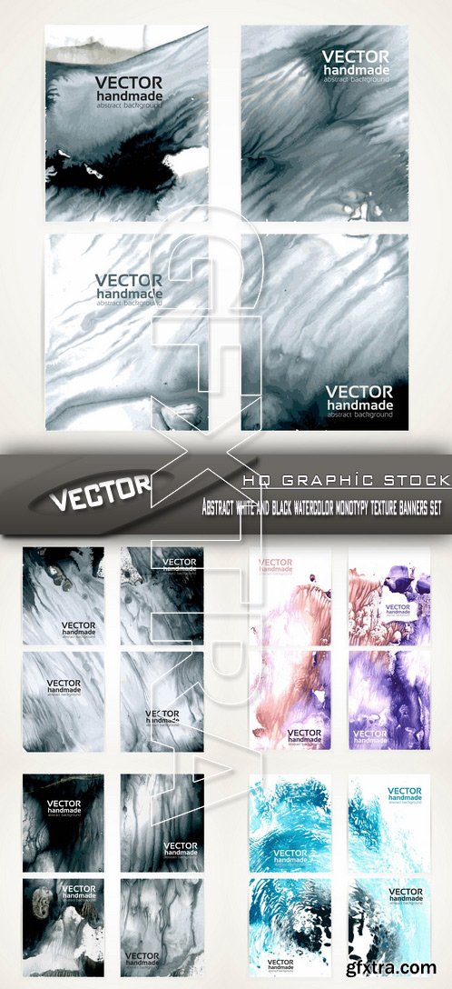 Stock Vector - Abstract white and black watercolor monotypy texture banners set