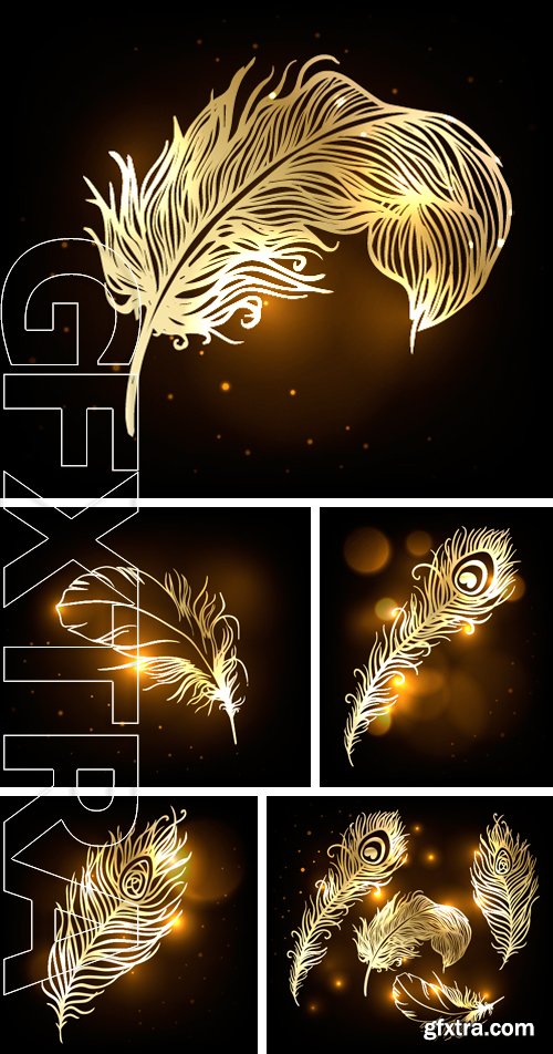 Stock Vectors - Shiny gold feather over dark background.  Vector illustration