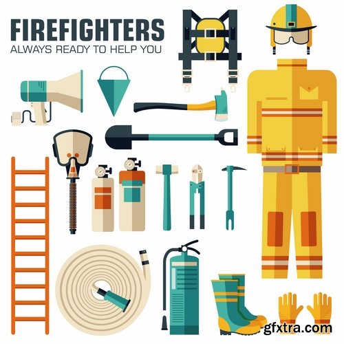 Collection of vector picture fire extinguisher system and the protection of firefighter 25 Eps