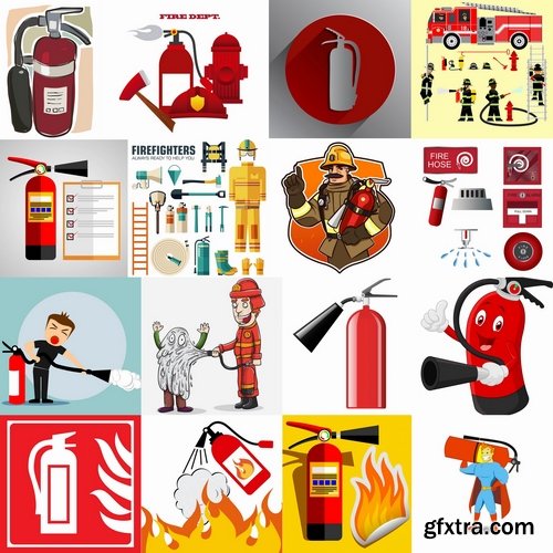 Collection of vector picture fire extinguisher system and the protection of firefighter 25 Eps