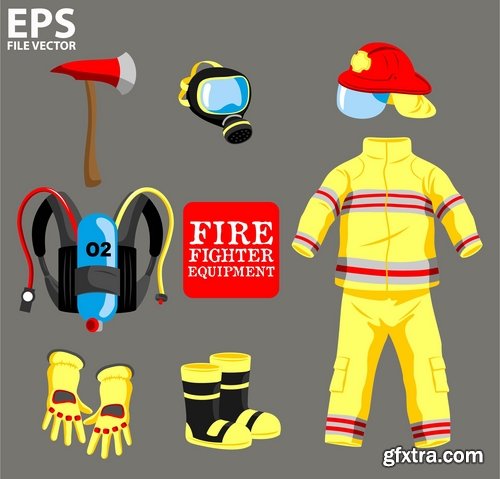 Collection of vector picture fire extinguisher system and the protection of firefighter 25 Eps