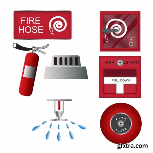 Collection of vector picture fire extinguisher system and the protection of firefighter 25 Eps