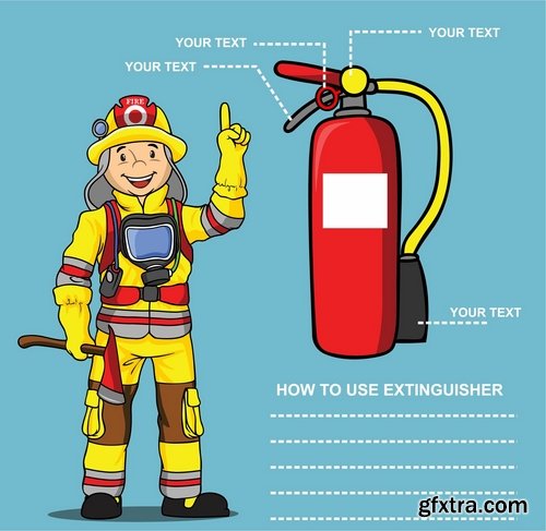 Collection of vector picture fire extinguisher system and the protection of firefighter 25 Eps