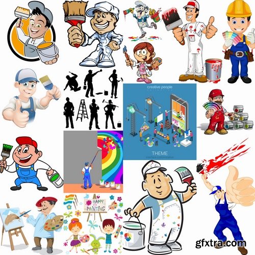 Collection of vector cartoon house painter picture painter paint brush to draw 25 Eps