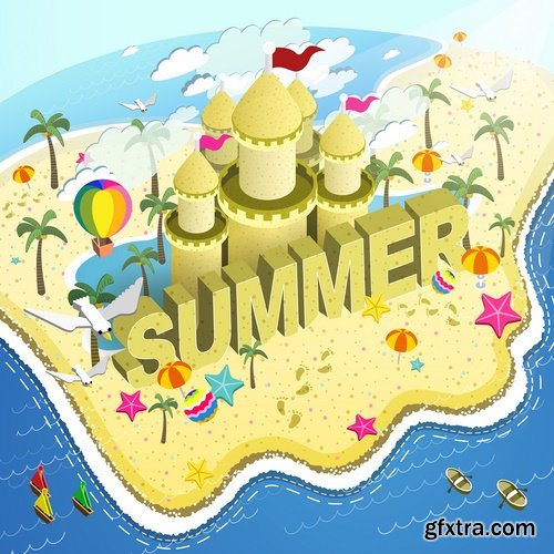 Collection of vector illustration picture summer vacation travel beach sea cocktail 25 Eps