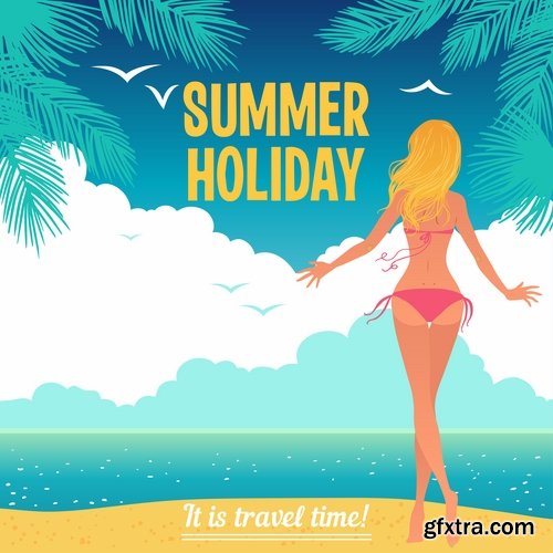 Collection of vector illustration picture summer vacation travel beach sea cocktail 25 Eps