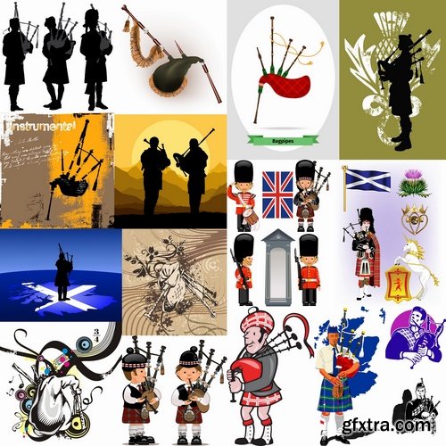 Collection of vector image Ethnic wind instrument Bagpipe 25 Eps