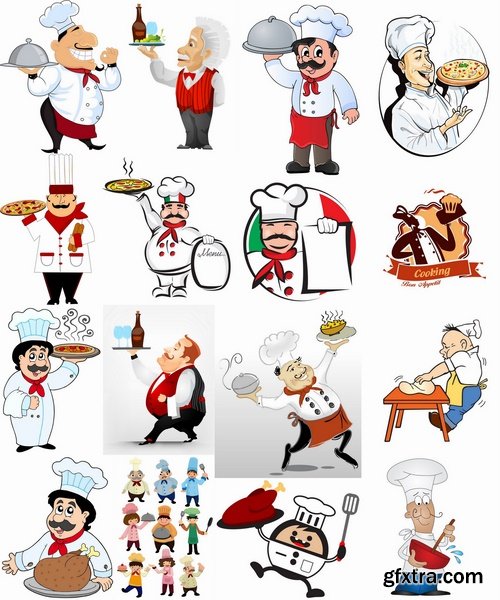 Collection of vector illustration picture cartoon cook waiter 25 Eps