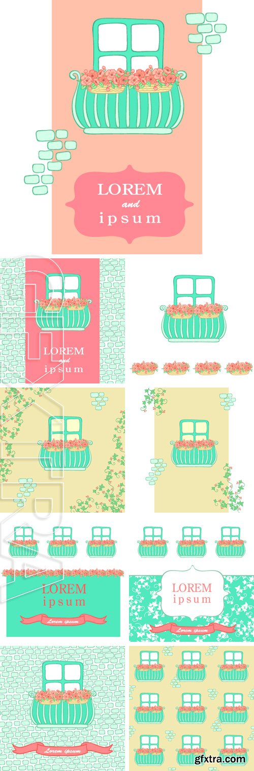 Stock Vectors - Balcony with pink flowers frame postcard. hand-drawn vector