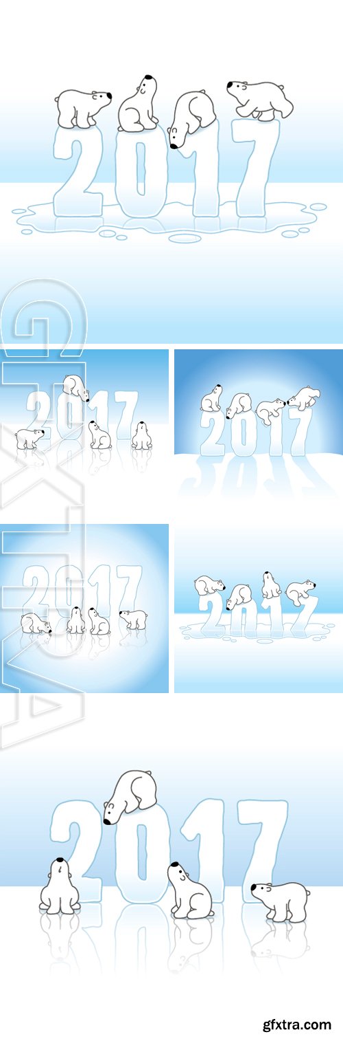 Stock Vectors - Four Cute Polar Bears and New Year 2017 with Reflections on an Ice Blue Cold Background