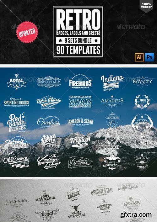 GraphicRiver 90 Retro Badges, Labels and Crests Bundle 6426736