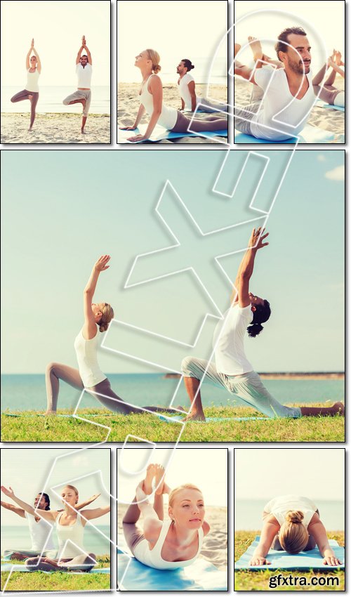 Fitness, sport, friendship and lifestyle concept - couple making yoga exercises lying on mats outdoors - Stock photo