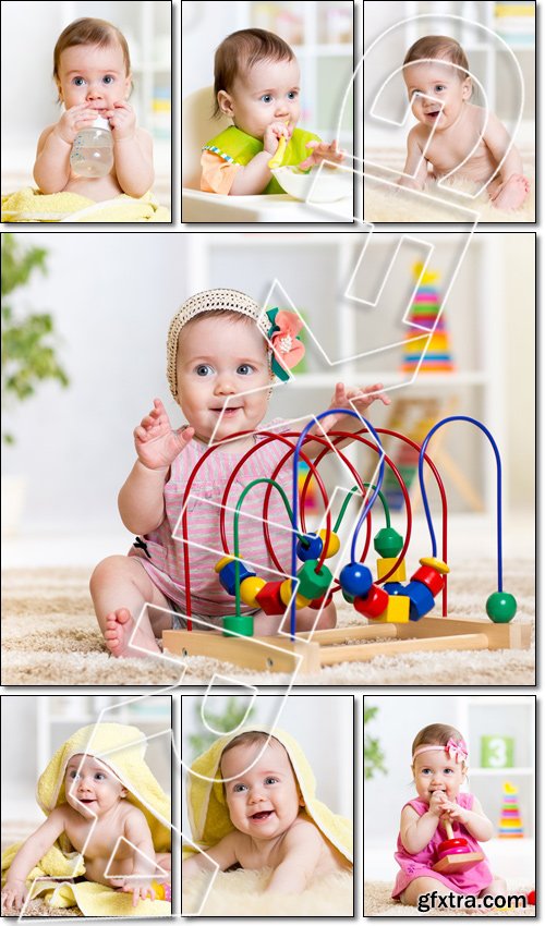 Happy baby with a towel after the shower on floor at home - Stock photo