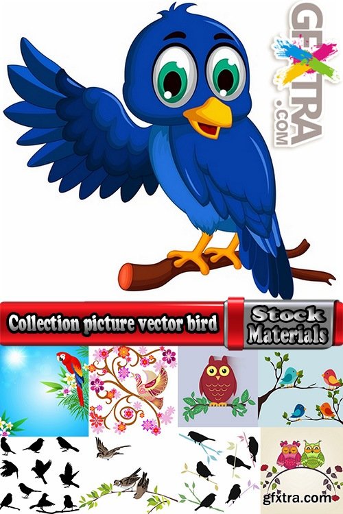 Collection picture vector bird on a branch silhouette cartoon bird heraldry 25 Eps