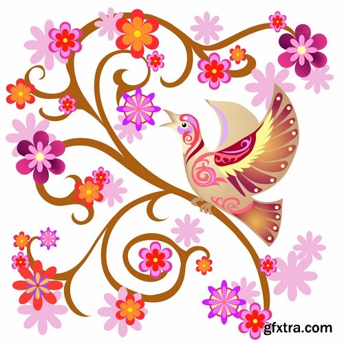 Collection picture vector bird on a branch silhouette cartoon bird heraldry 25 Eps