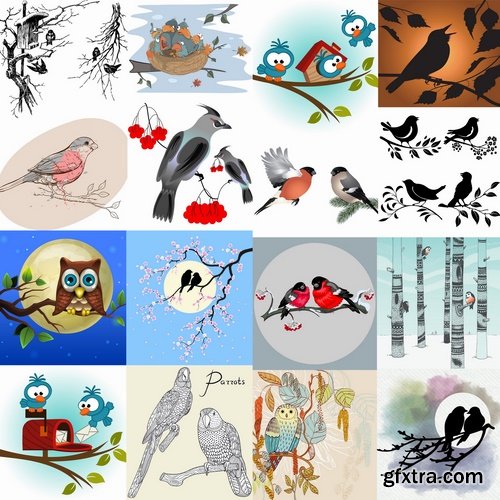 Collection picture vector bird on a branch silhouette cartoon bird heraldry 25 Eps