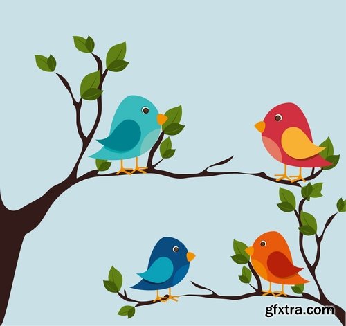 Collection picture vector bird on a branch silhouette cartoon bird heraldry 25 Eps