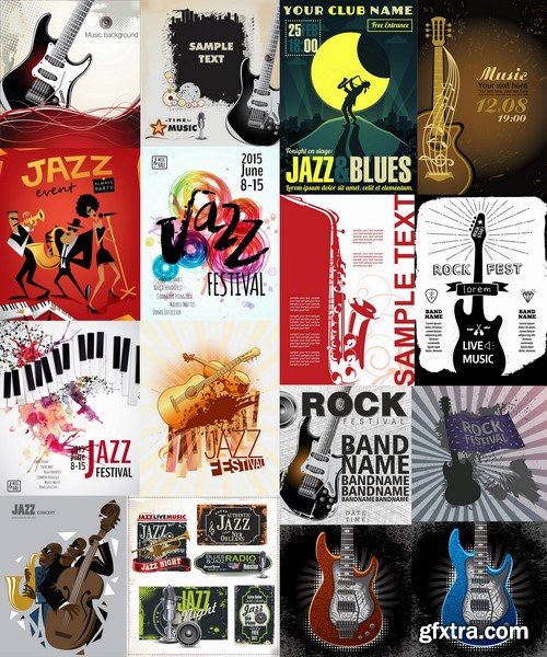 Collection of vector image poster jazz saxophone guitar rock festival 25 Eps