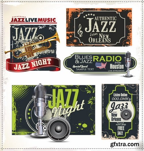 Collection of vector image poster jazz saxophone guitar rock festival 25 Eps