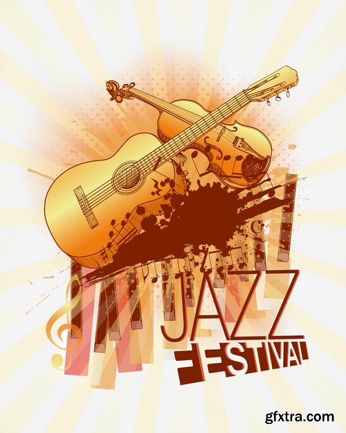 Collection of vector image poster jazz saxophone guitar rock festival 25 Eps