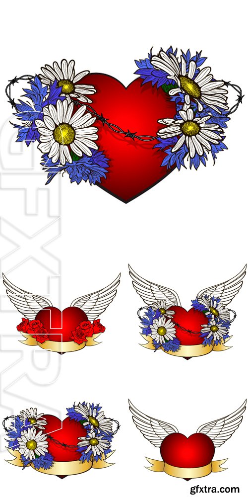 Stock Vectors - Heart with Flowers like tattoo, with wings banner