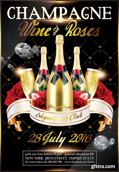 Champagne Wine & Roses Flyer PSD Template + FB Cover