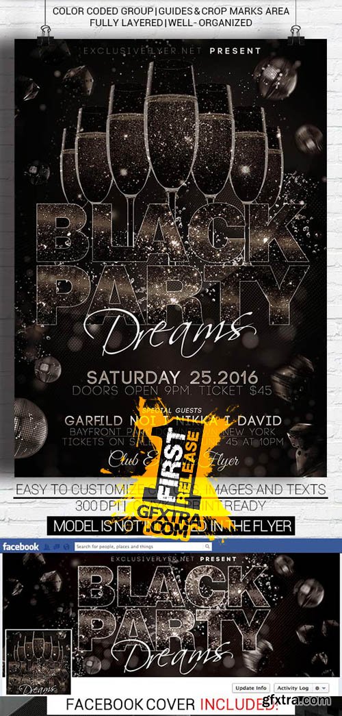 Black Party Dreams Flyer Template + Facebook Cover