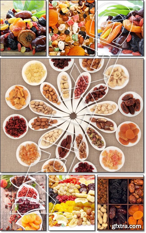 Large dried fruit and nut selection in white porcelain bowls over hessian background - Stock photo