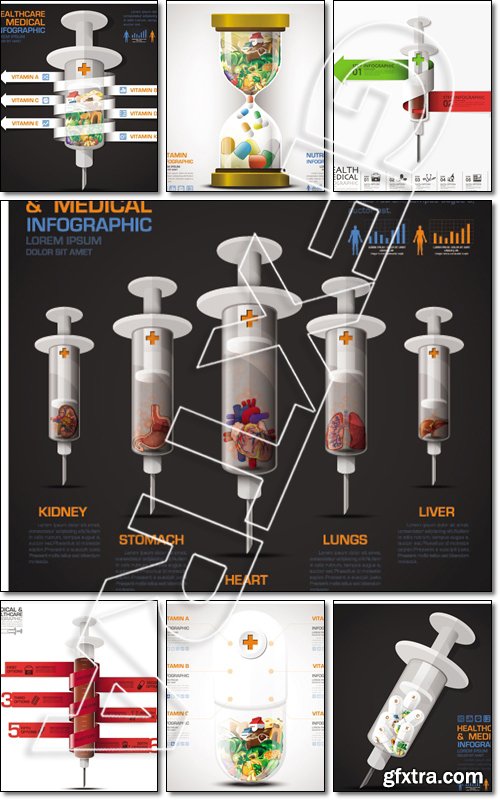 Health And Medical Infographic With Bind Spiral Tag Syringe Diagram Vector Design Template - Vector