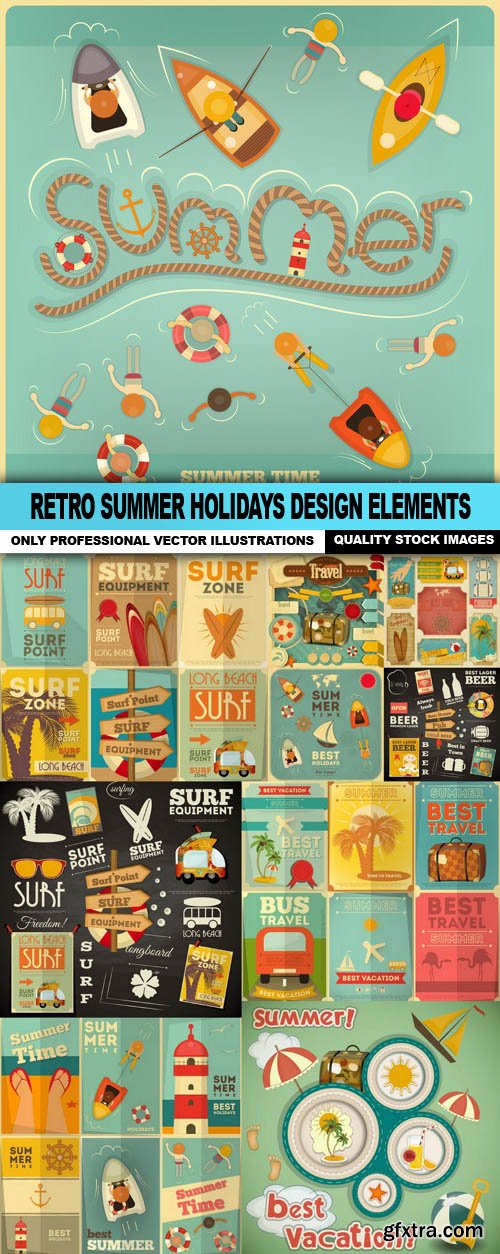 Retro Summer Holidays Design Elements - 10 Vector
