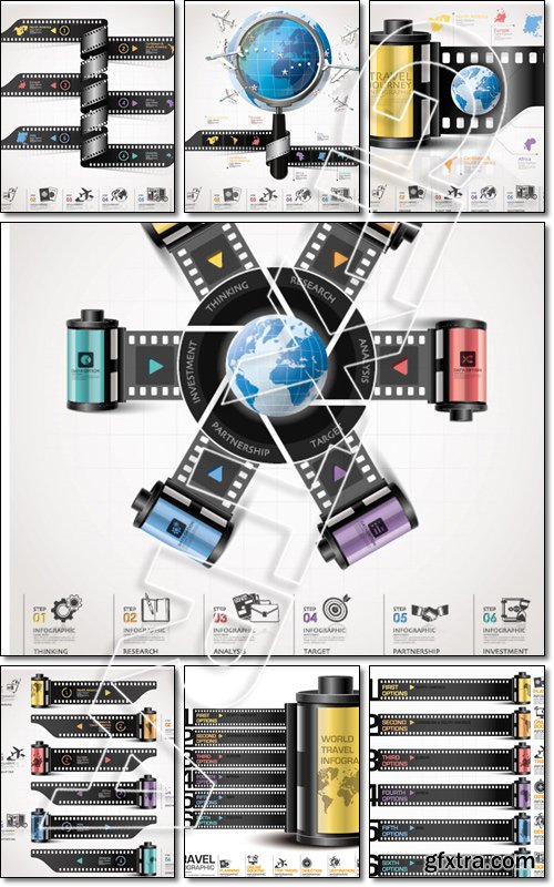 Travel And Journey Continent Infographic With Magnifying Glass Film Spiral Design Template - Vector