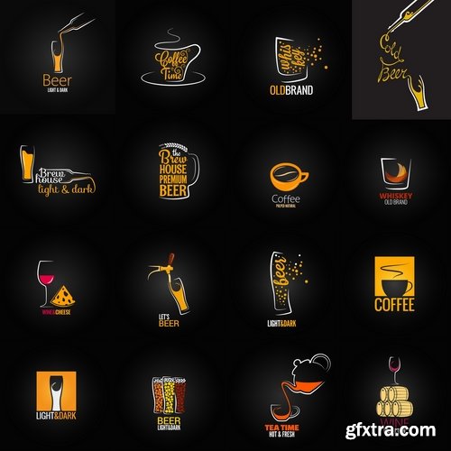 Collection of different vector picture coffee drink beer logo a background flyer 25 Eps