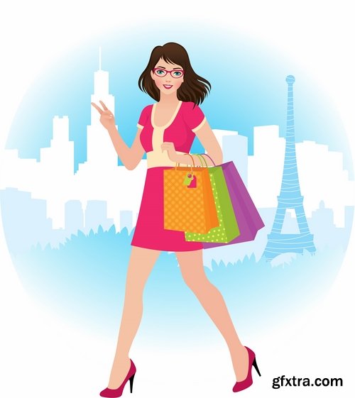 Collection of vector cartoon girl image are shopping 25 Eps