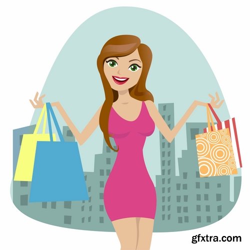 Collection of vector cartoon girl image are shopping 25 Eps