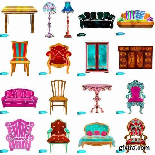 Collection vector image furniture table chair armchair floor lamp wardrobe 25 Eps