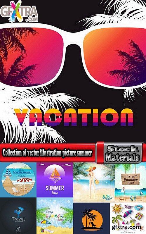 Collection of vector illustration picture summer vacation travel beach sea cocktail #2-25 Eps