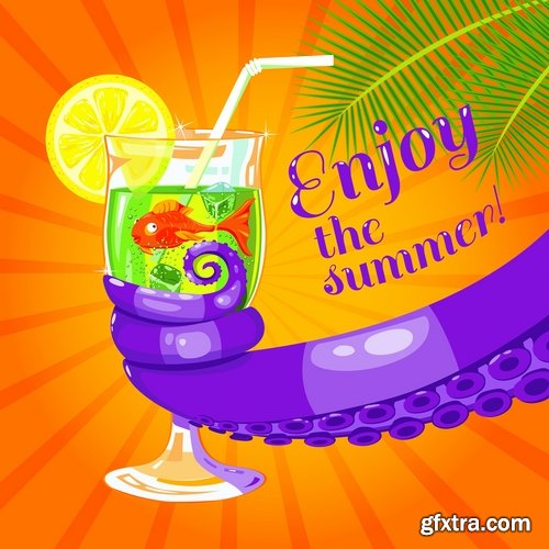 Collection of vector illustration picture summer vacation travel beach sea cocktail #2-25 Eps