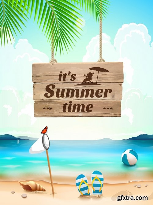 Collection of vector illustration picture summer vacation travel beach sea cocktail #2-25 Eps