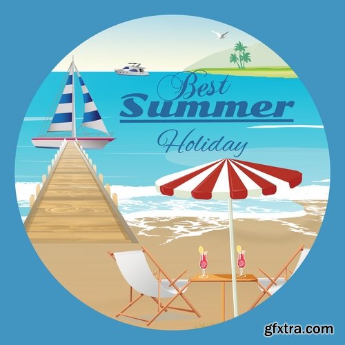 Collection of vector illustration picture summer vacation travel beach sea cocktail #2-25 Eps