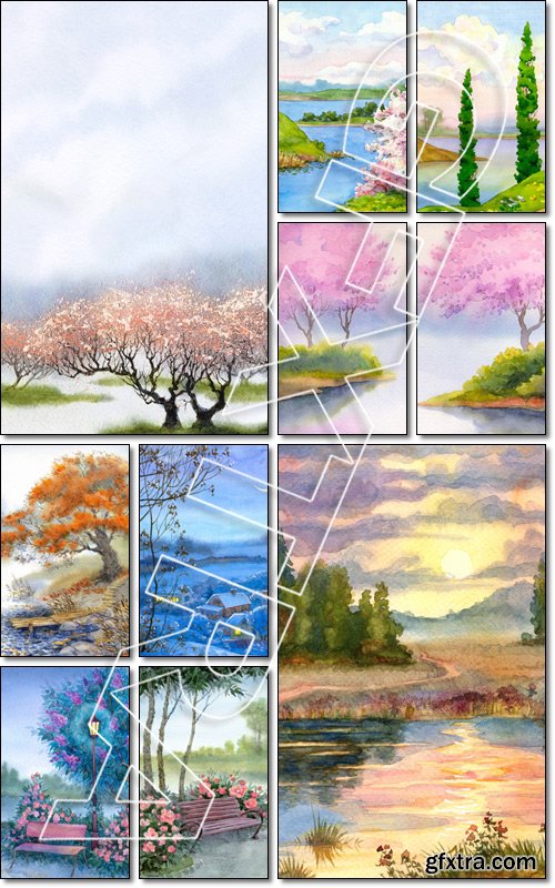 Watercolor landscape background. Delicate flowering trees near the river on a misty cool spring day - Stock photo