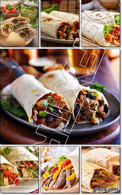 Traditional Mexican food, burritos with moeat and beans, selective focus - Stock phot