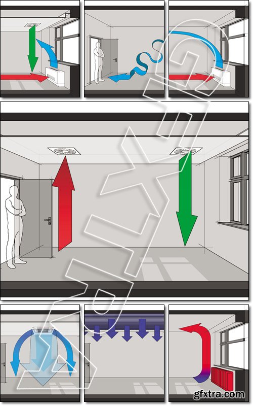 Diagram of a room ventilated and cooled by ceiling built-in air ventilation and air conditioning - Vector