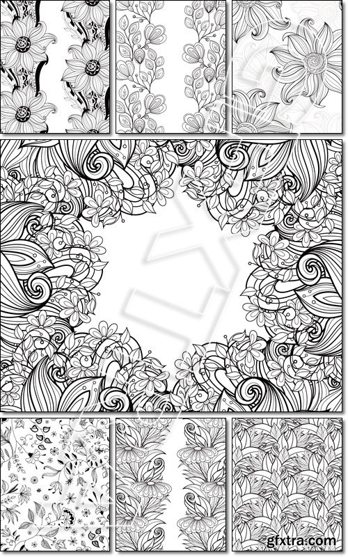 Seamless Monochrome Floral Pattern. Hand Drawn Floral Texture, Decorative Flowers, Coloring Book - Vector